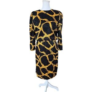 Saint Romei Vintage 100% Silk Giraffe Print Midi Dress Yellow Black Womens 10